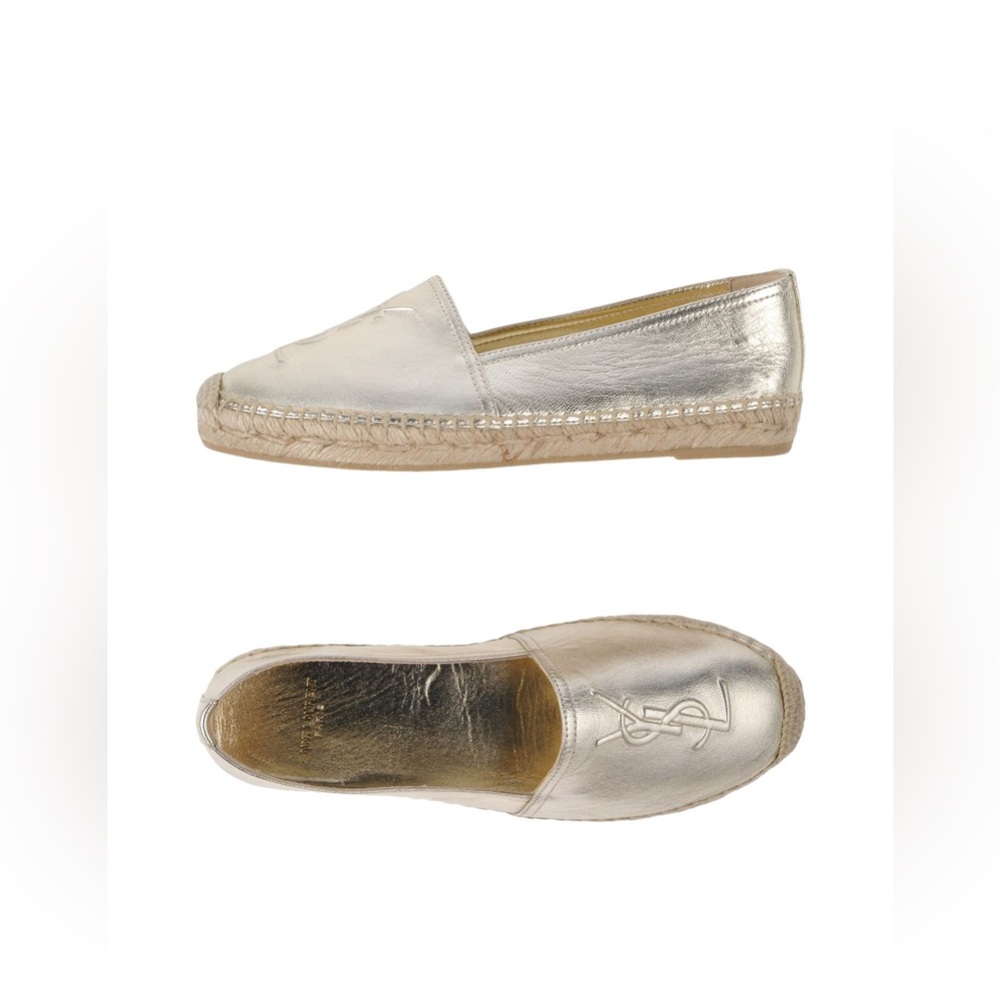 Saint Laurent YSL Logo Metallic Leather Espadrilles in Pale Gold Size 38.5